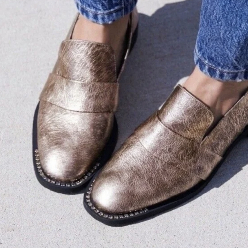 NWOT Free People Abbey Road Metallic Slingback Loafers-Rose Gold